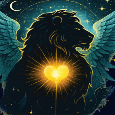 Stylized lion with a glowing eye in a night sky with stars and moon.